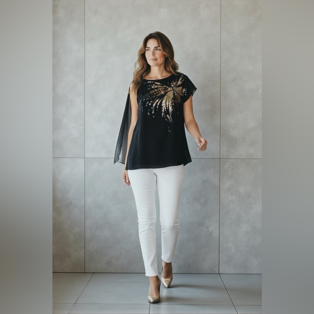 Halston Heritage Silk sequined black and gold top small